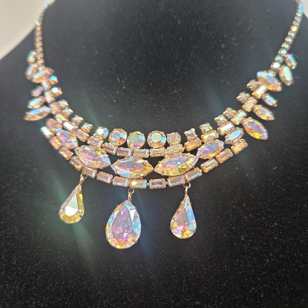 Vintage JayKel Original AB Marquise Rhinestones Teardrop Bib Necklace Bridal